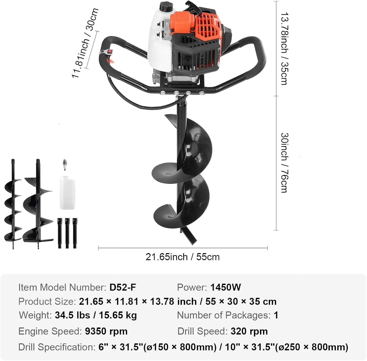 Post Hole Digger,52cc 1450W Auger Digger,Gas Powered Earth Digger with Two Drill Bit 6''& 10''and 3 Extension Rods,for Farmland Innova Techno