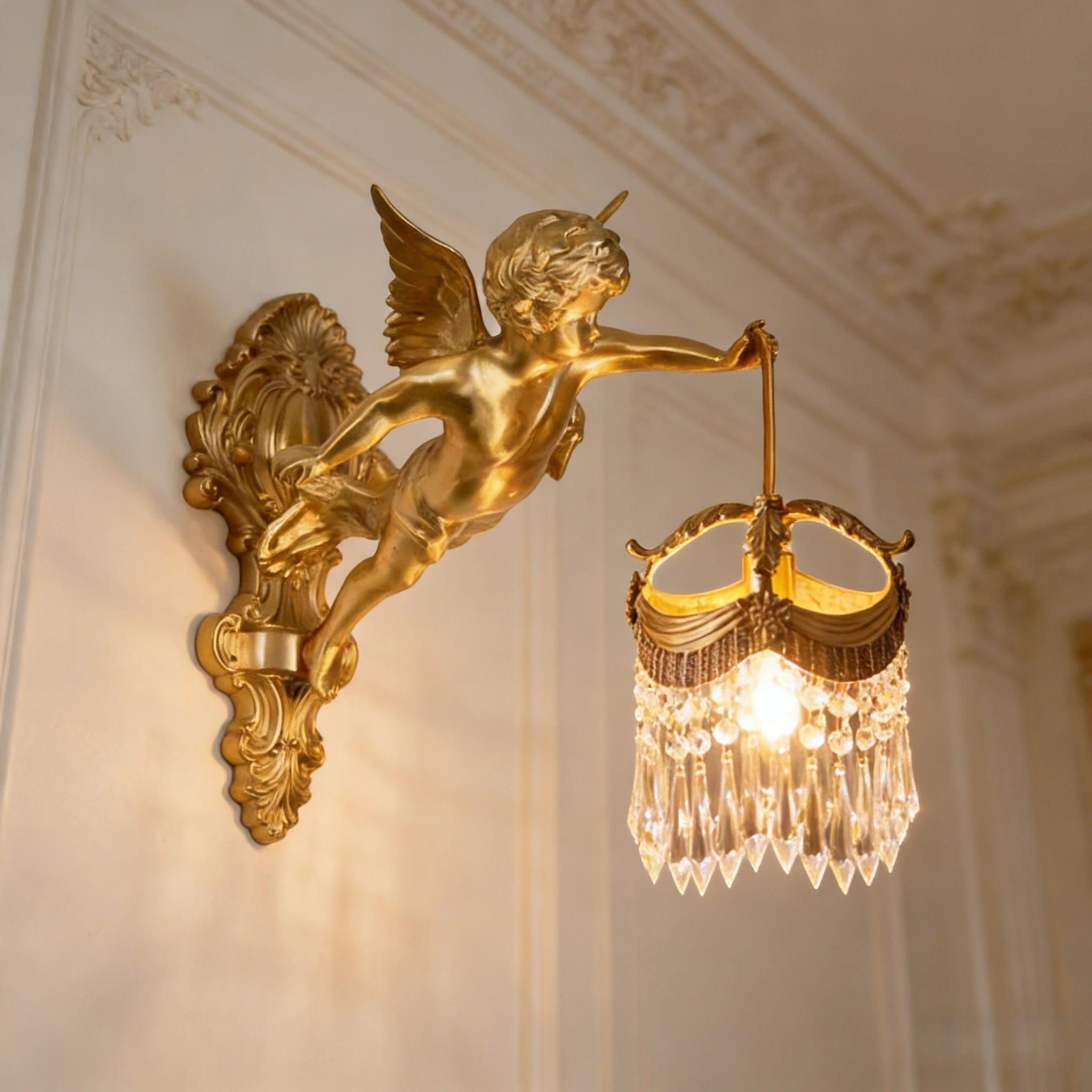 Retro French Brass Wall Lamp Hotel Bedroom Aisle Staircase Wall Angel Crystal Decorative Light Background Wall Copper Light Innova Techno