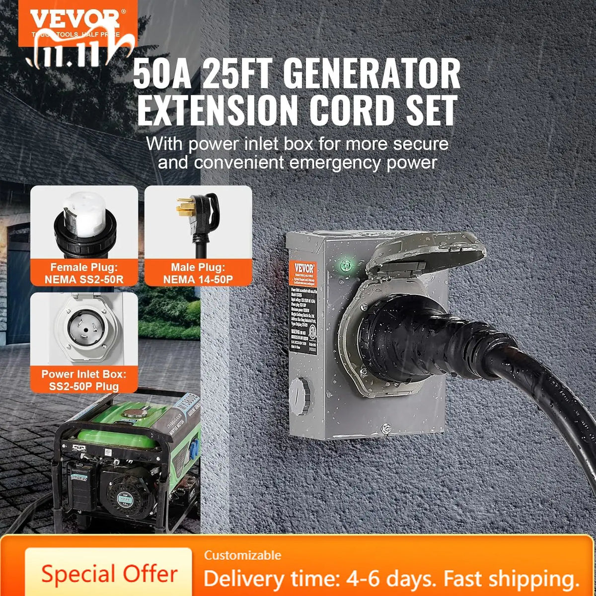50 Amp Generator Cord and Power Inlet Box Kit, 25FT Generator Extension Cord NEMA 14-50P/SS2-50R STW 6/3+8/1 AWG