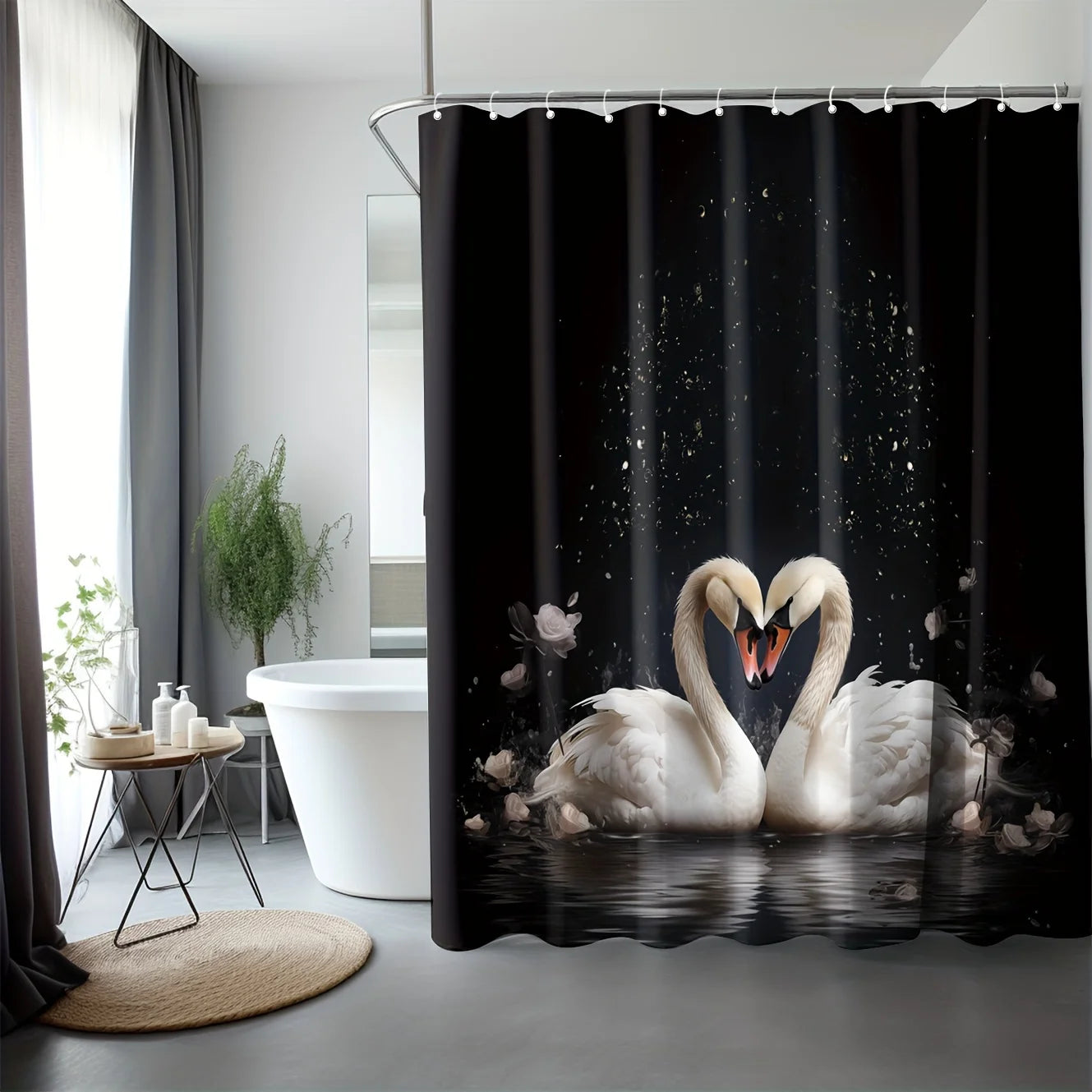 Golden Floral Swan Printed Shower Curtain Set Waterproof Bathroom Partition Curtain with Hooks, Bath Accessories Aesthetic Decor
