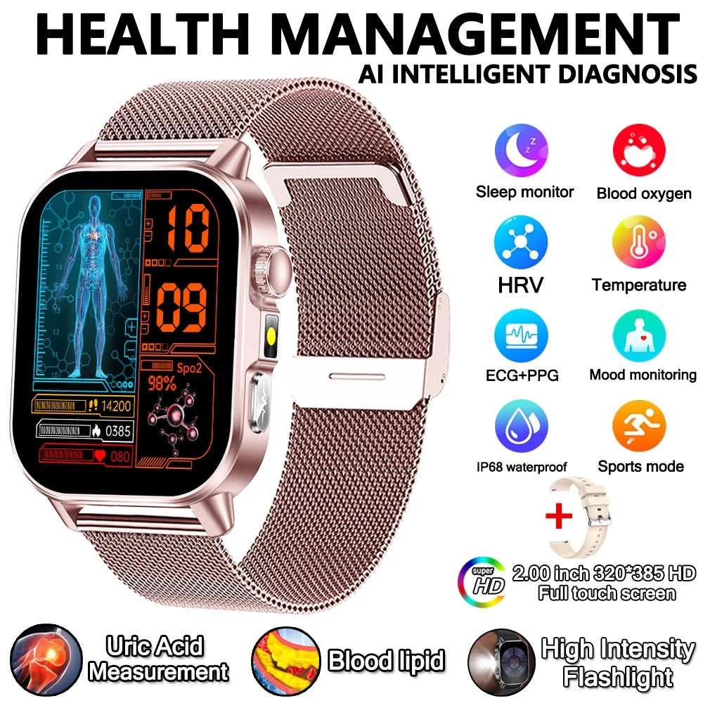 2026 New Model Uric Acid & Lipid Health Analysis Smart Watch Men ECG+PPG Bluetooth Call 2.01-inch Flashlight Smartwatch Women Innova Techno